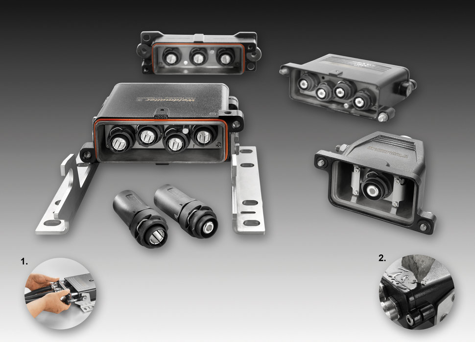 Weidmüller's  RockStar® HighPower 250 A  – one to four-pole high current connectors with crimp connection technology for 250 A and up to 4000 V. – Newly developed bulkhead housing with rapid assembly frame. – Modular design across the whole system facilitates a large number of different connectors.